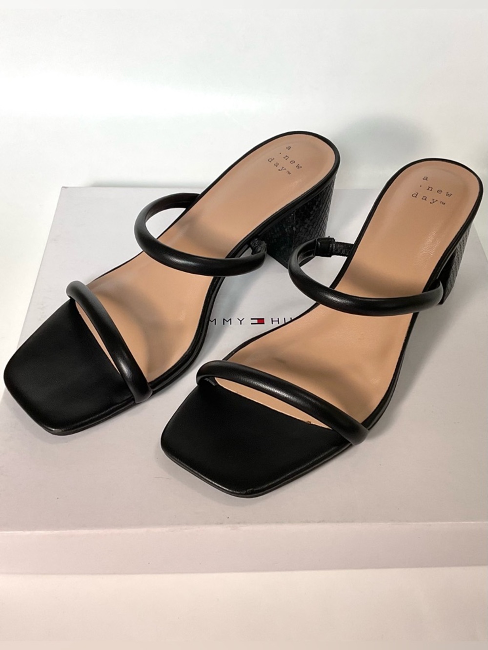 Black Strappy Square-Toe Block Heel Sandals